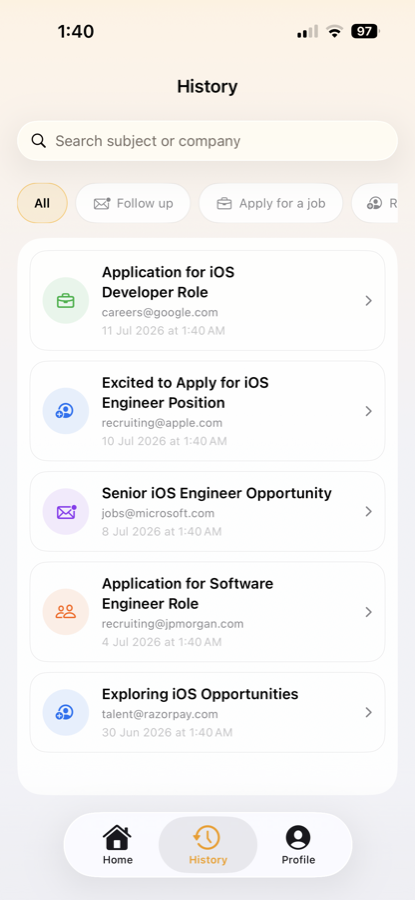 Relayy searchable job email history