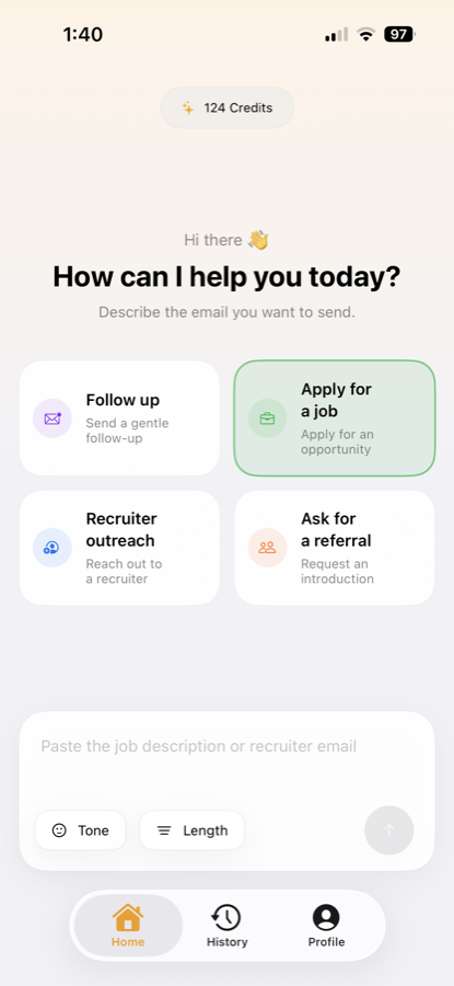 Relayy home screen showing four job email types