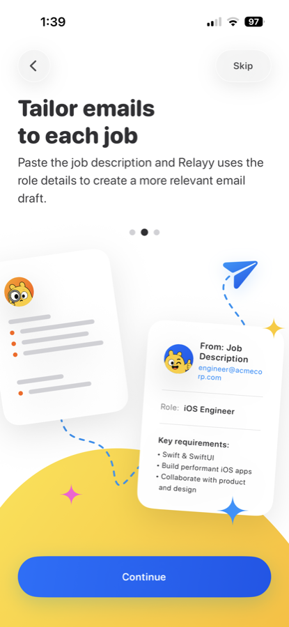 Relayy onboarding showing job description personalization