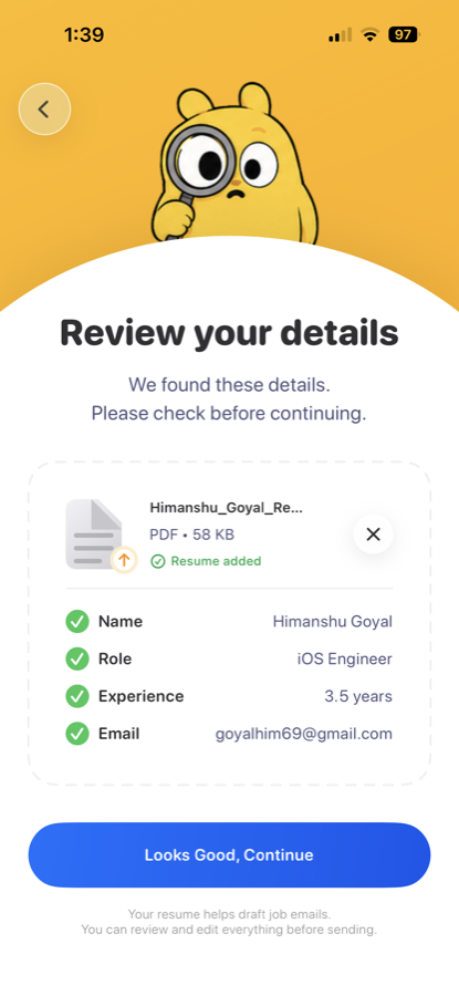 Relayy reviewing details found in an uploaded resume